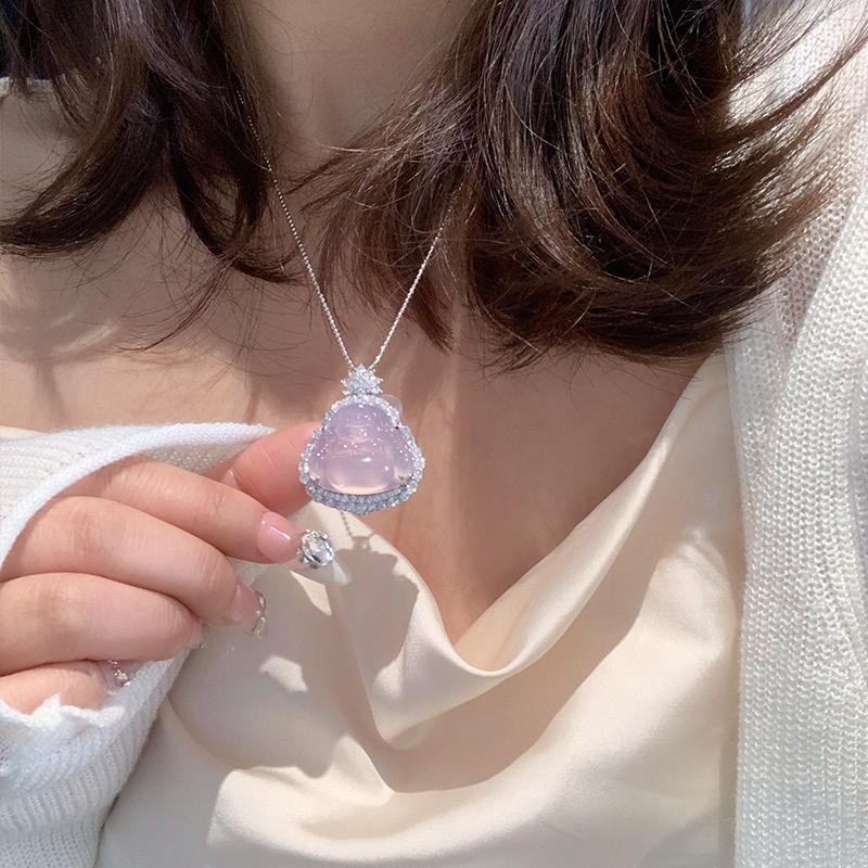 天然玉髓高冰佛吊坠925银玉石项链网红紫色佛公弥勒佛挂件锁骨链