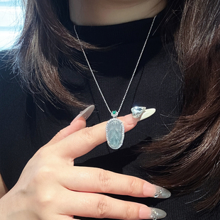 天然冰种金枝玉叶吊坠项链玉叶招财蓝水翡翠项链S925银送女友礼物
