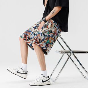 潮牌印花休闲短裤 休闲中裤 男潮季 加肥加大宽松直筒五分裤 新款 大码