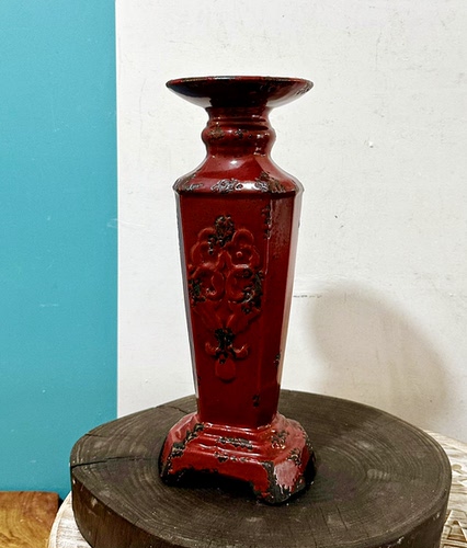 孤品vintage中古美式复古做旧红釉陶瓷烛台摆件乡村风浮雕蜡烛台