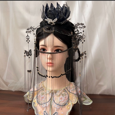 西域公主黑色系古风异域风额头链汉服超仙舞姬流苏面帘发饰套装