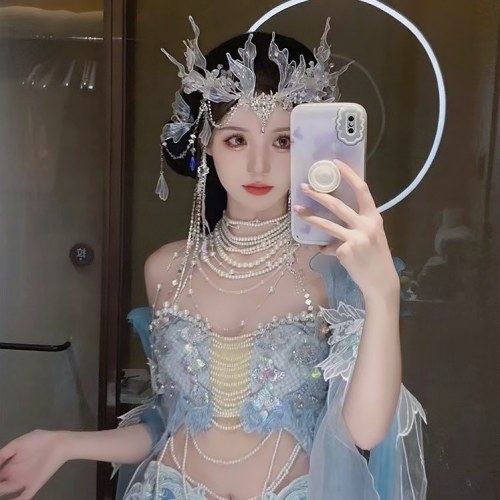 新款人鱼姬头饰古风发冠超仙美人鱼流苏发饰发箍汉服头饰甜美仙气