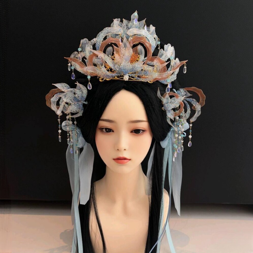 超仙汉服神女发冠超仙蓝色系造花液古风汉服莲花发冠头饰套装