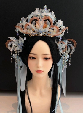 超仙汉服神女发冠超仙蓝色系造花液古风汉服莲花发冠头饰套装