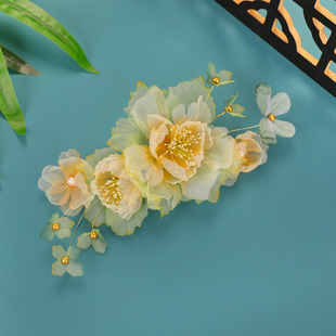 原创设计纯手工古风绢纱花发夹女渐变黄绿色蝴蝶汉服头饰烫花发饰