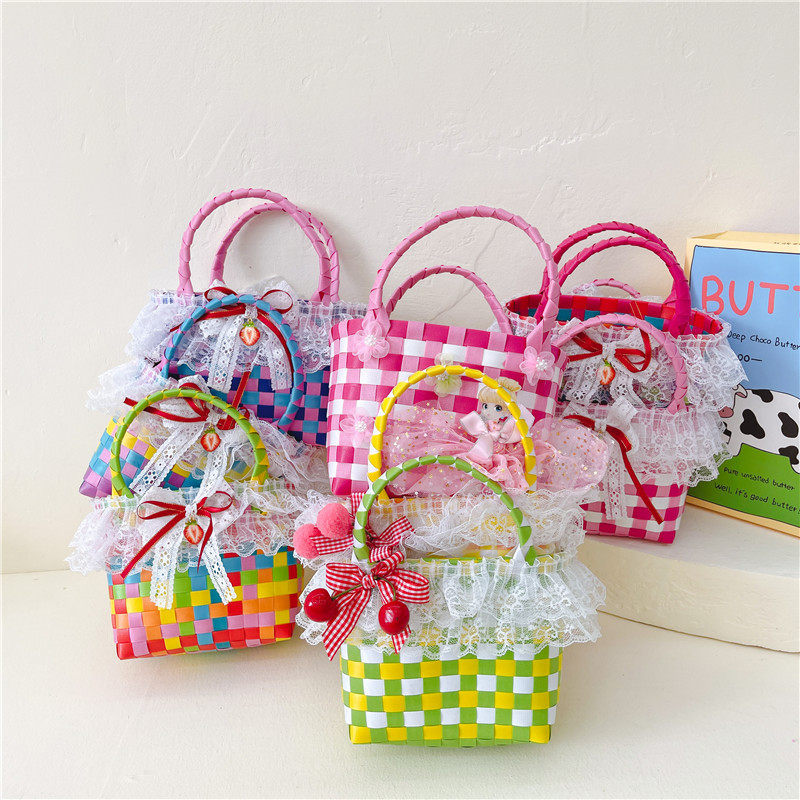 彩色儿童手提包菜篮子女孩小包手工编织袋包包沙滩花朵可爱手拎包