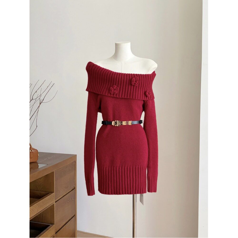 Barb Chill圣诞红宝石圣诞穿搭红色连衣裙一字肩女冬修身毛衣裙