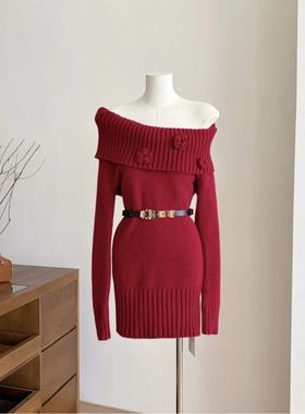 Barb Chill圣诞红宝石圣诞穿搭红色连衣裙一字肩女冬修身毛衣裙