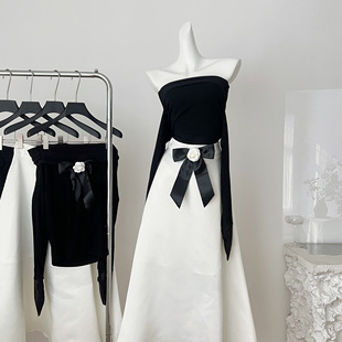 大A摆半身裙套装 Catyears猫年 奢雅典范网纱褶皱一字肩针织上衣