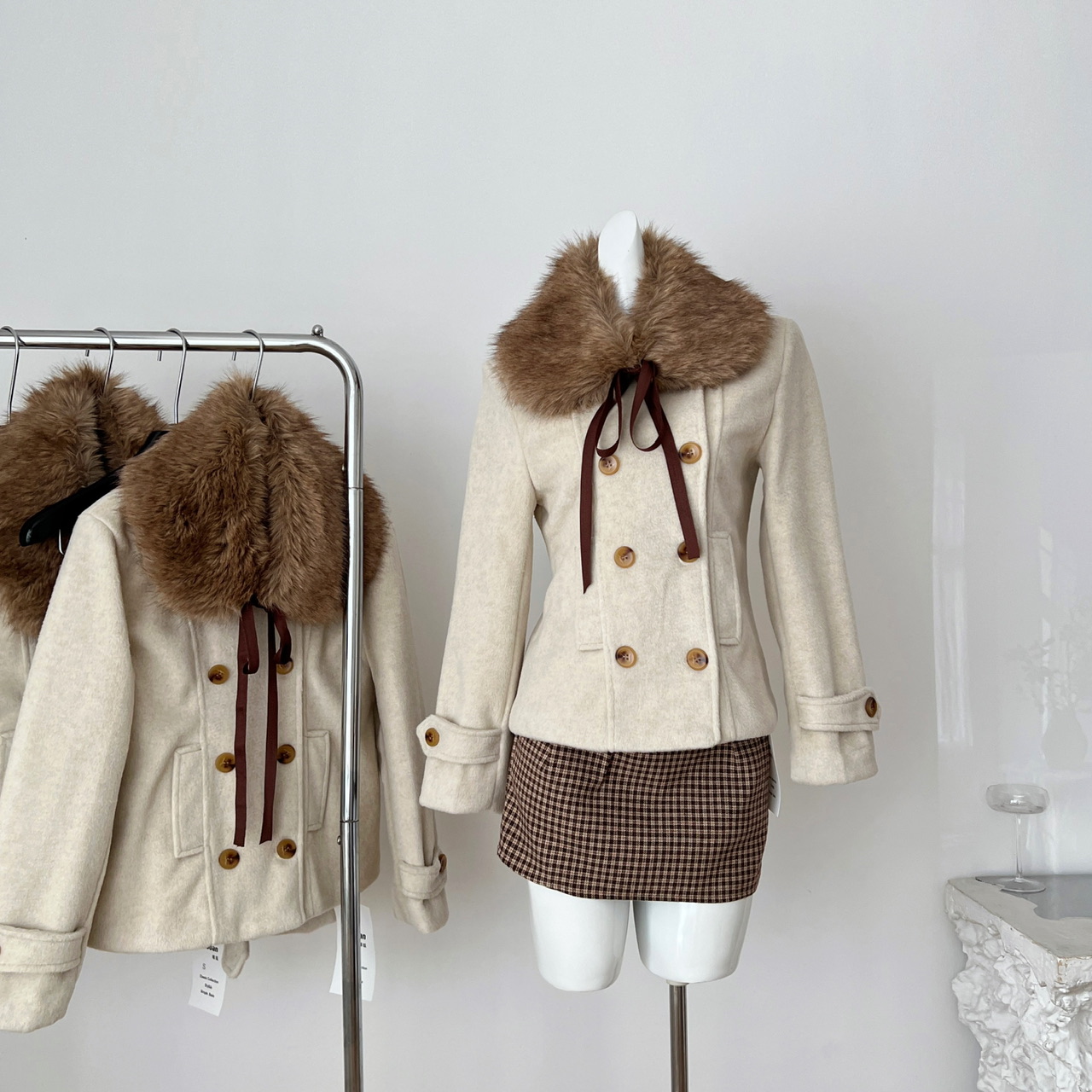 初梦POKEMENG 昭和千穗 日系古早感收腰双排扣单面呢外套秋冬保暖