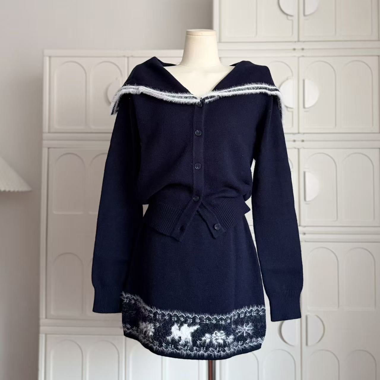 SereneEase羊毛大翻领毛衣套装女冬季新款提花针织开衫半裙两件套