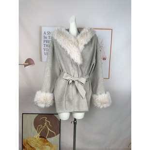 安梦忆皮草 狐狸毛领连帽羊毛大衣外套女款2025新款冬