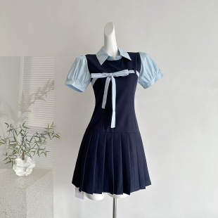 Even一雯高智miu王韩系高智假两件miu系连衣裙学院风百褶短裙