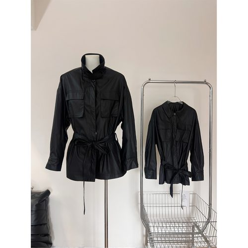 Northbutsouth 黑色复古油蜡多口袋领袢立领系带风衣