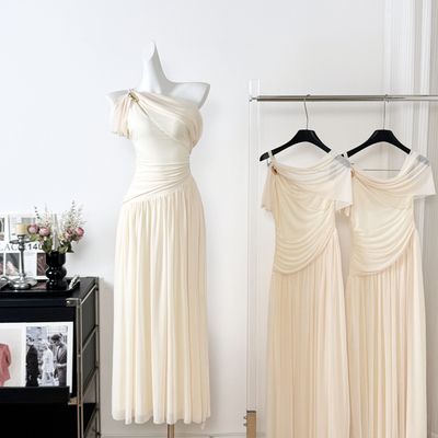 kubiliv清冷矜雅法式氛围感斜肩扭结设计长裙性感纯欲连衣裙