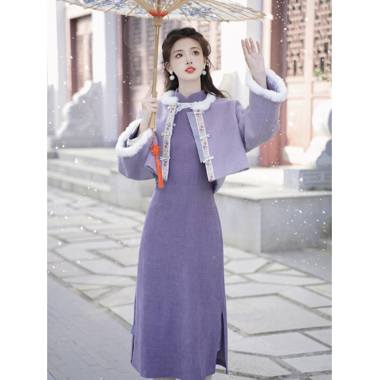 新增加绒款 毛呢外套改良旗袍新中式套装 上架+