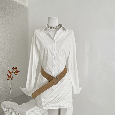 Skk Store lisa同款 轻盈呼吸感度假长袖褶皱翻领衬衫连衣裙女春