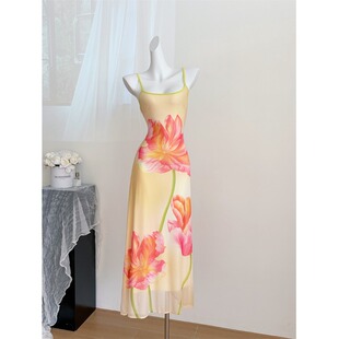 假日度假风多巴胺绝美海岛度假氛围感印花吊带长裙