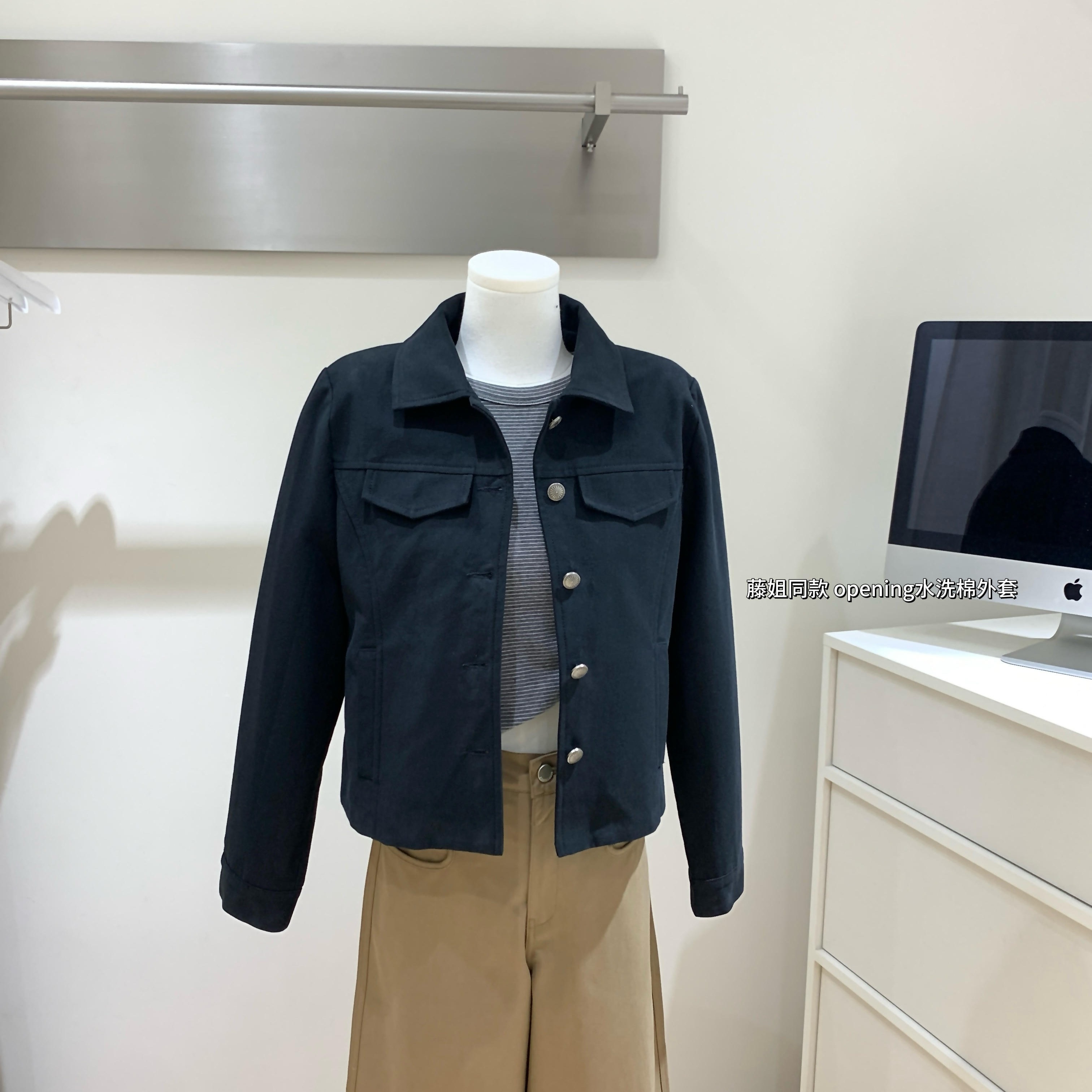 opening自制 拿捏vintage 韩系翻领早秋黑色夹克休闲短款外套女