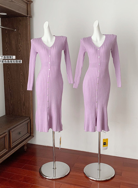 Fart Shop丁香情愫 羊毛V领针织紫色连衣裙冬鱼尾圣诞包臀裙