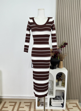 Fart Shop榛果夹心 圆领七分袖针织条纹连衣裙女年秋冬新品