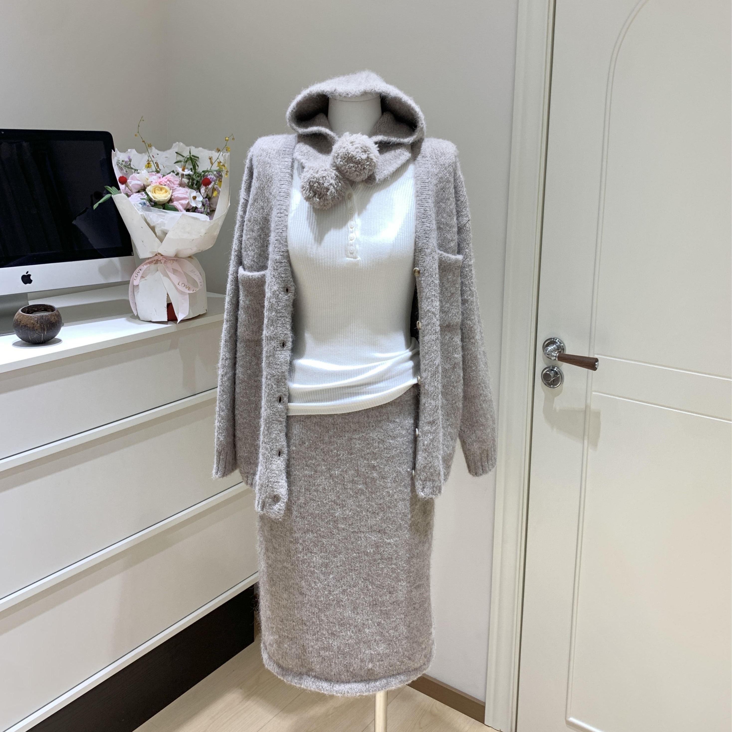 cookadaily人鱼 毛球帽子重工宽松软糯H形开衫中长半裙组套装女