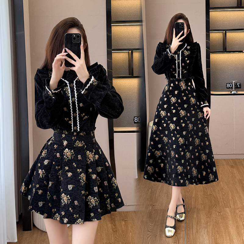 朵朵玫瑰 法式复古设计感小众新款女上衣长袖衬衫+长短裙