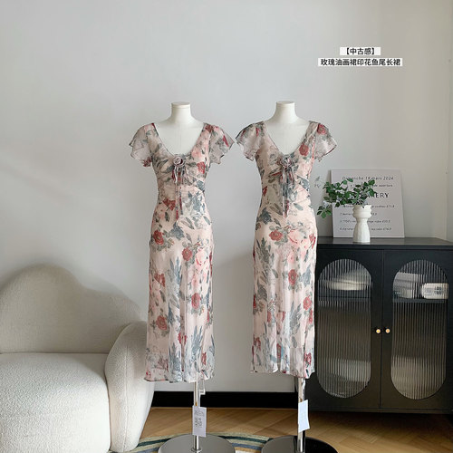 CloudSweet白云甜 中古感玫瑰油画裙复古印花连衣裙法式鱼尾长裙