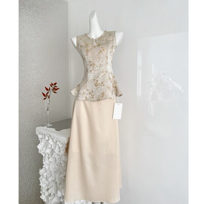 木子李的李星落锦缎新中式上衣鱼尾裙套装高级温柔风气质两件套