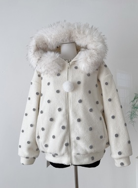 霍里德地图 “晚安兔子”波点可拆卸毛领连帽夹棉毛呢卫衣外套女