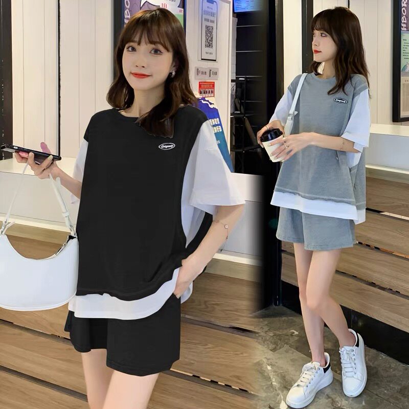 2022 신상 여름 임산부 잠옷 반팔 패셔너블 루즈 외국풍 가정복으로 입을 수 있는 연령 감소 투피스 슈트