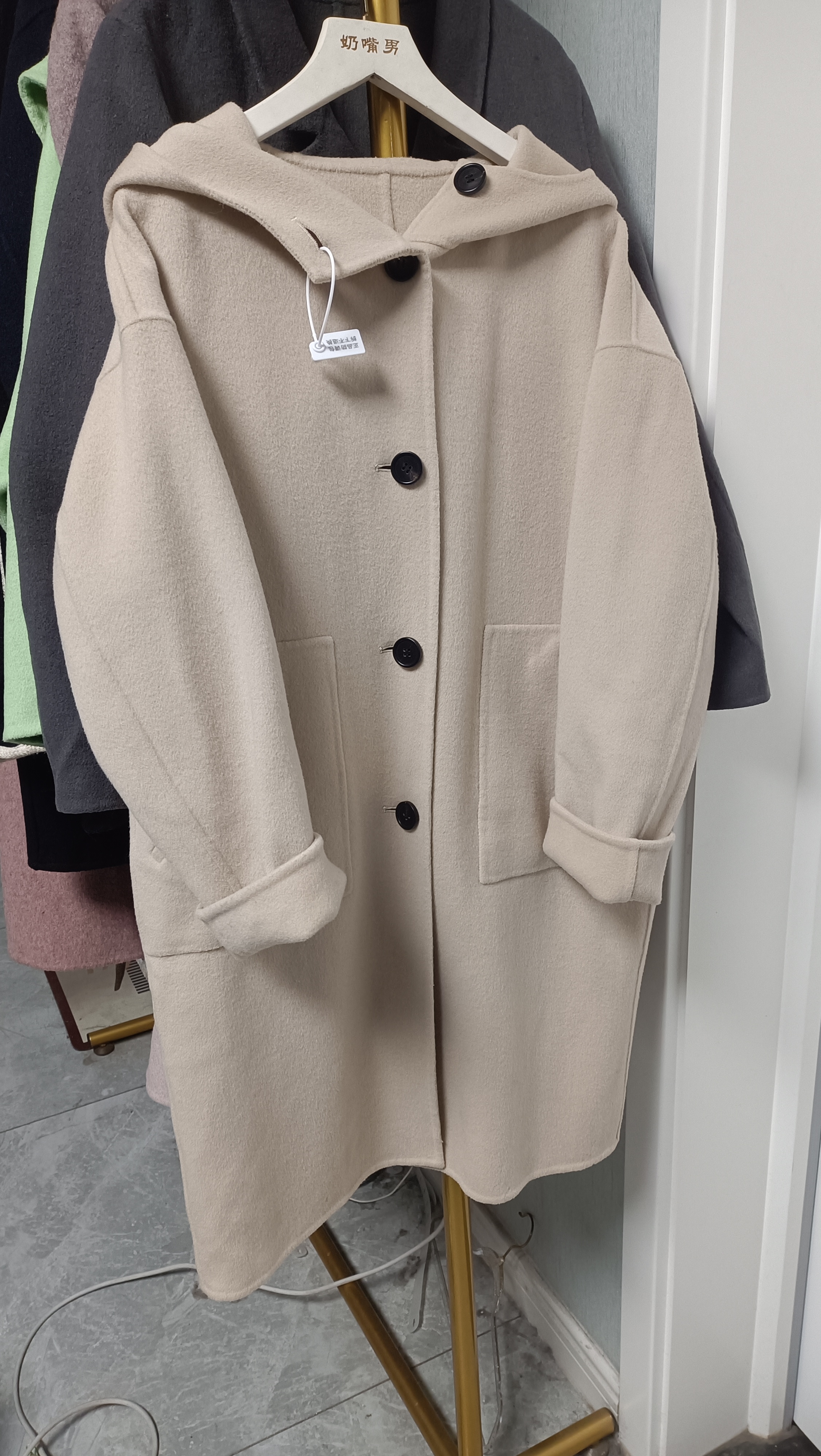 米色女士双面呢英伦连帽宽松毛呢中长款休闲气质外套大衣