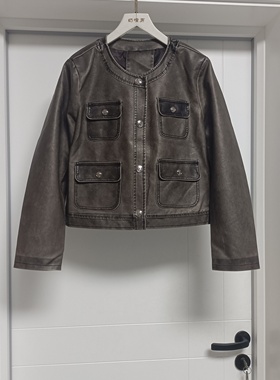 皮衣外套女小香风短款夹克25秋小个子机车服上衣灰色胸围106长52