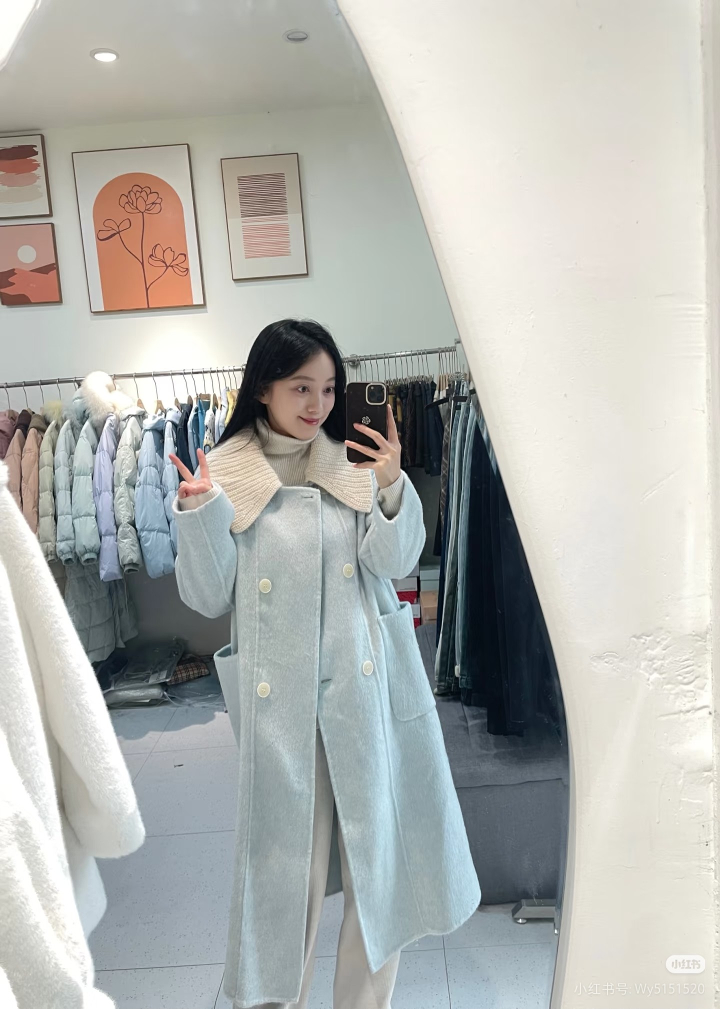 2025新款韩系娃娃领双面呢子大衣女蓝色流行韩版气质呢子毛呢外套