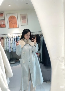 2025新款韩系娃娃领双面呢子大衣女蓝色流行韩版气质呢子毛呢外套