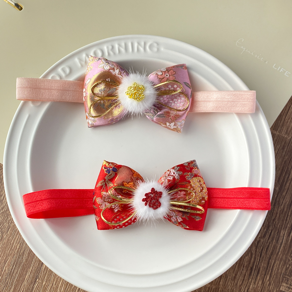 中国风中式福字毛毛新年婴儿童女宝宝红色蝴蝶结花朵头饰发饰发带