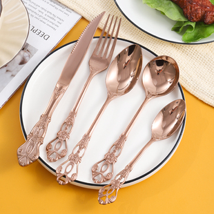 欧式玫瑰金镜面不锈钢刀叉勺四件套装浮雕牛排刀叉西餐具甜品汤勺
