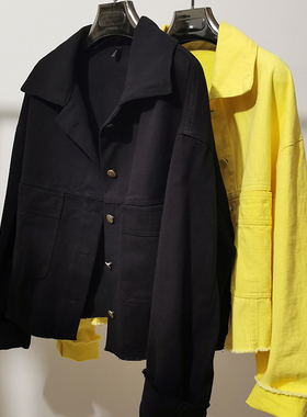 春季新款大码女装宽松休闲外套短款牛仔上衣潇洒洋气黄色短夹克潮