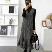 连衣裙 秋冬季 宽松中长款 大V领长裙荷叶边毛呢背心裙大码 无袖 女装