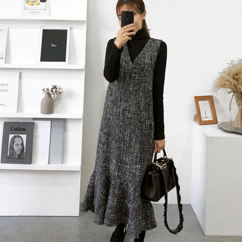 秋冬装荷叶边长裙无袖连衣裙