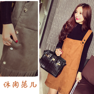 包邮秋装大码鹿皮绒背带裙马甲裙减龄胖MM休闲流苏连衣裙背心裙