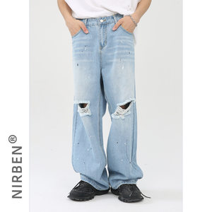 VanQI商店浅蓝破洞阔腿牛仔裤泼墨点设计感水洗做旧复古长裤