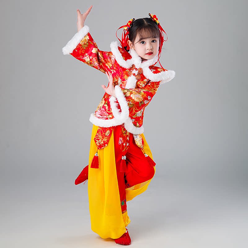 儿童喜庆舞蹈秧歌服元旦演出服打鼓服中国红幼儿新年开门红拜年服
