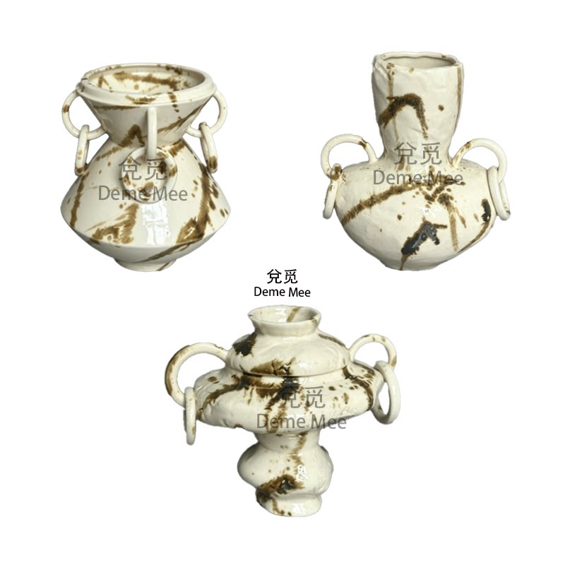 中古风手工陶瓷双耳花瓶客厅摆件