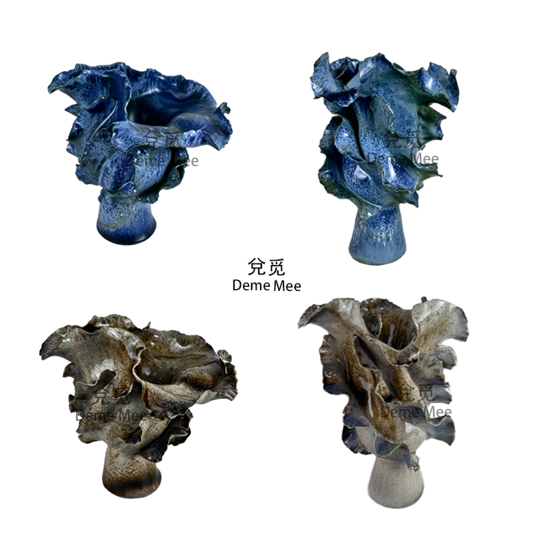 现代艺术荷叶边陶瓷花瓶摆件样板房餐桌软装花器轻奢桌面装饰摆件