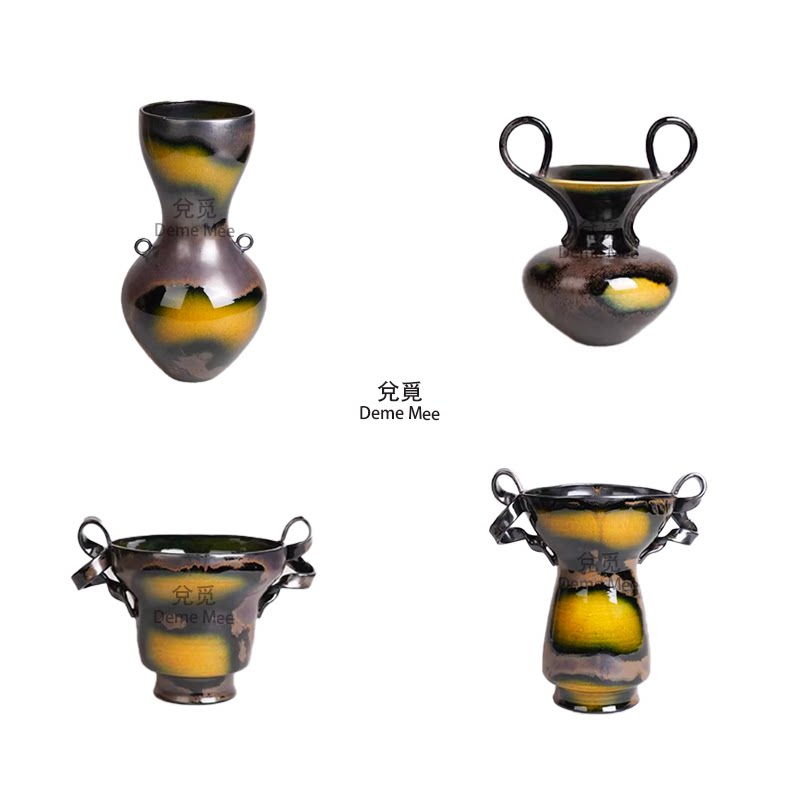 复古双耳手工陶瓷花瓶摆件