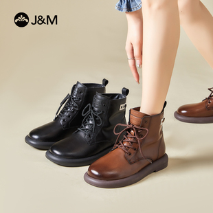 软底舒适街头百搭靴子女鞋 J&M 高帮系带纯色马丁靴 秋季 快乐玛丽