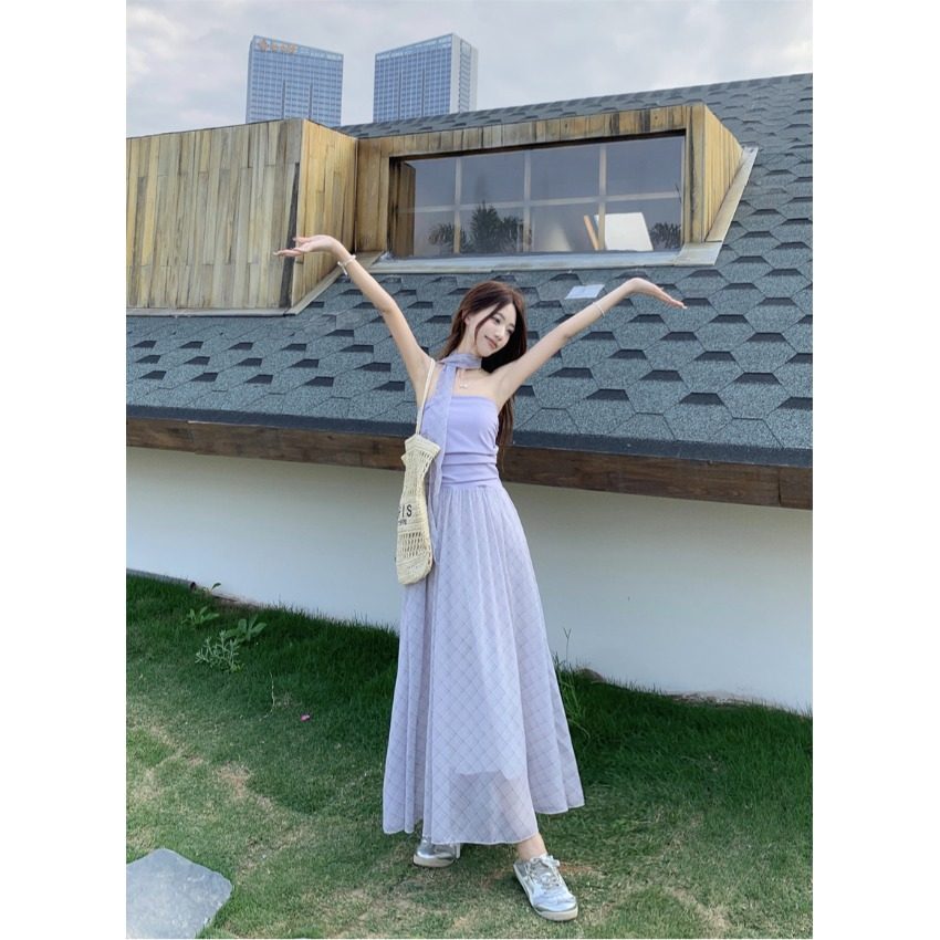 新款2025夏季纯欲风浅紫色抹胸连衣裙女装修身显瘦网纱A字裙包邮