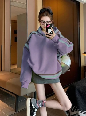 韩版紫色连帽卫衣女2025秋冬新款宽松显瘦百搭加绒加厚连帽卫衣女