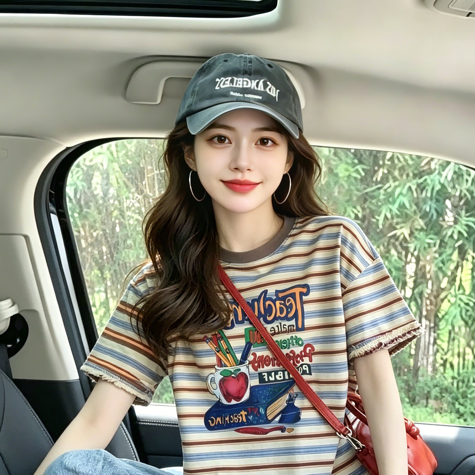 条纹短袖印花学院风宽松休闲女T恤夏季新款遮肉显瘦设计感上衣女